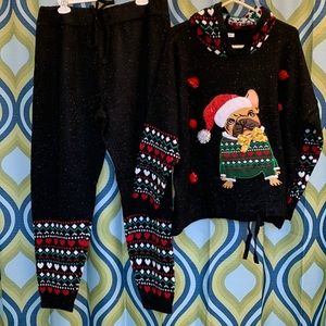 Pug decorated woman’s size 1X & 2X 2 piece set of pants and hooded sweater, NWT